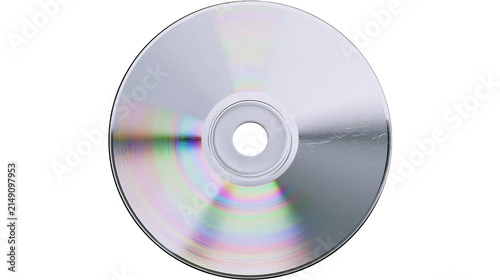 Silver CD disc with rainbow light reflection and scratches