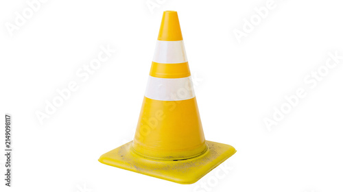 Yellow and white traffic cone with reflective stripes