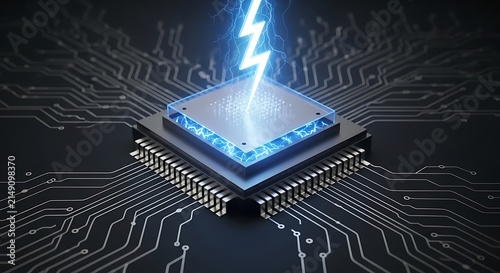 Plakat Glowing blue lightning bolt striking a complex modern computer processor chip