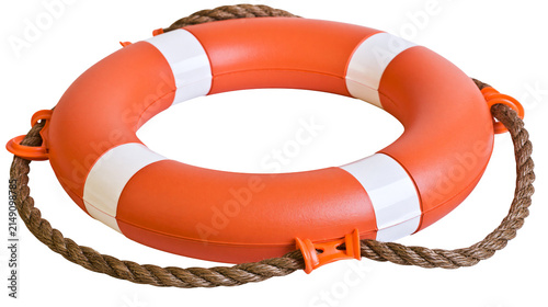 Quadro su tela Orange life preserver ring with white stripes and rope