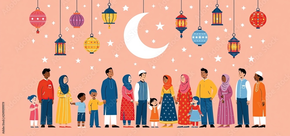 Obraz premium At sunset, a joyful family in traditional clothes gathers around colorful lanterns and a crescent moon for Eid celebration.