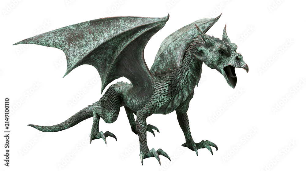 Fototapeta premium Green patina bronze dragon statue with wings spread
