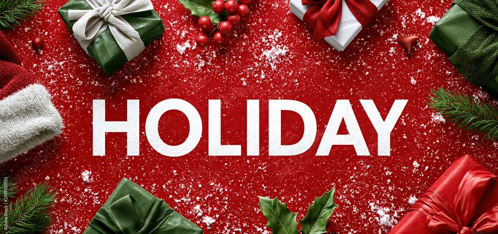 Obraz premium Festive holiday flyer with seasonal gifts on a snowy red background for winter celebrations and promotions.