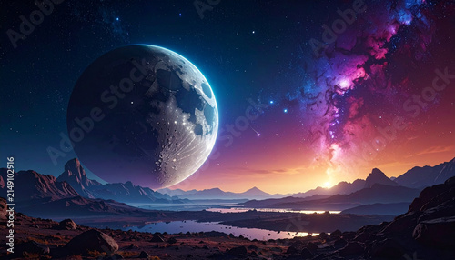 Surreal Alien Landscape with Large Moon and Vibrant Galaxy Nebula Over Rocky Mountains and River