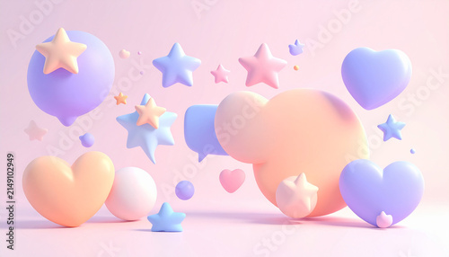 3D Pastel Floating Hearts and Stars Background with Speech Bubbles for Social Media and Design