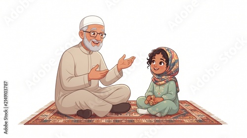 Elderly man and a young child sitting together on a rug