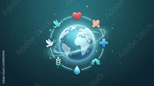 Global World Peace and Humanitarian Relief Concept Illustration with Symbolic Medical and Unity Icons