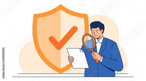 Professional auditor examining compliance documents with a magnifying glass in front of a security shield icon