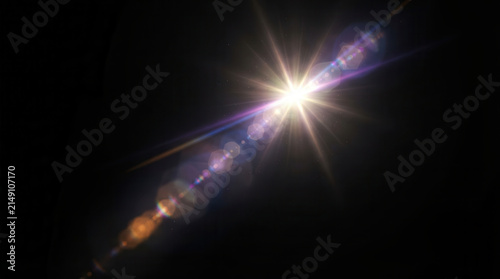 Cosmic Lens Flare Celestial Light Beam Prismatic Glow Stellar Flare in Darkness Radiant Light Streak