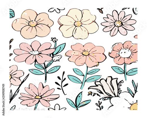 Floral Pattern Background with Hand Drawn Spring Flowers and Leaves