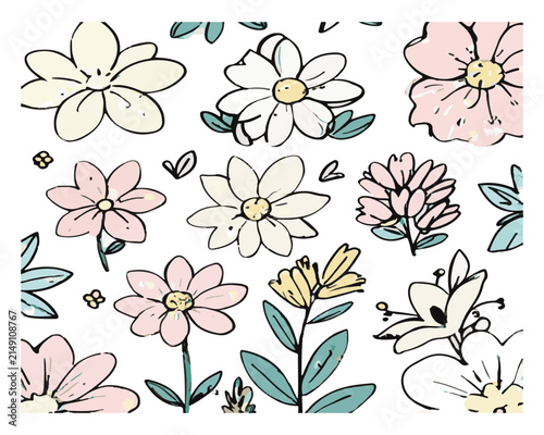 Floral Pattern with Hand Drawn Botanical Elements and Colorful Spring Flowers for Textile Design
