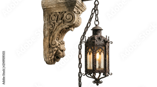 Vintage gothic style iron hanging lantern mounted on a stone corbel isolated on transparent background