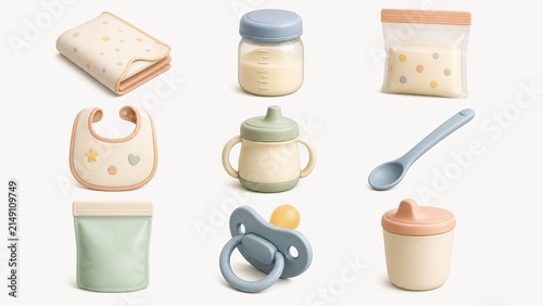 Baby feeding and milk storage supplies on white background. Pastel collection of bottle, breastmilk bag, bib, and pacifier