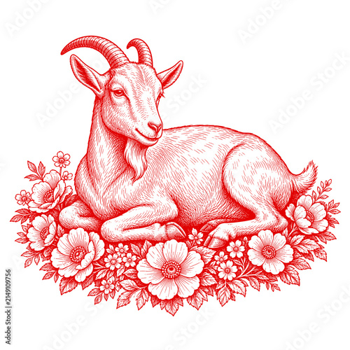 Red goat resting on floral base for Chinese New Year 2027. Year of the Fire Goat zodiac symbol in traditional engraving style isolated on transparent background