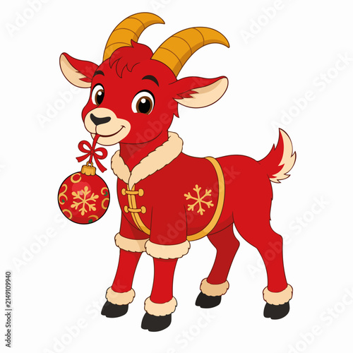 Red fire goat character holding holiday ornament for Chinese New Year 2027. Cartoon zodiac mascot in winter coat isolated on white background