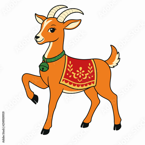 Prancing fire goat character with folk saddle cloth and bell. Chinese New Year 2027 zodiac mascot isolated on white background