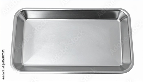 Empty stainless steel rectangular tray isolated on white background