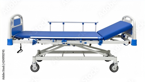Medical hospital bed with blue mattress isolated on white background
