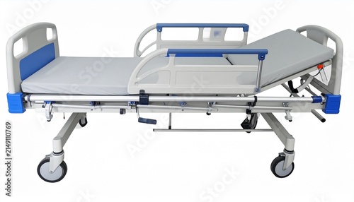 Modern medical hospital bed with adjustable side rails and wheels isolated on white background