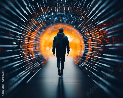 Man walking through a quantum particle corridor in abstract space