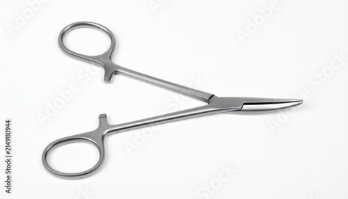Surgical hemostat clamp with curved tips isolated on white background