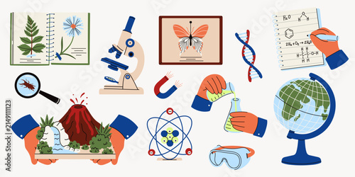 Foto Colorful hand-drawn vector collection of school science objects featuring a micr