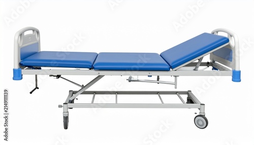 Medical examination bed with blue mattress isolated on white background