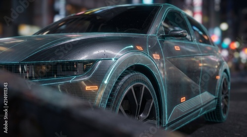 Futuristic car with glowing digital lines on city street at night, showcasing advanced automotive technology and modern vehicle design.