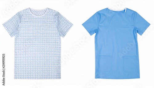 Set of medical clothing, a patterned patient gown and a blue scrub top isolated on white background