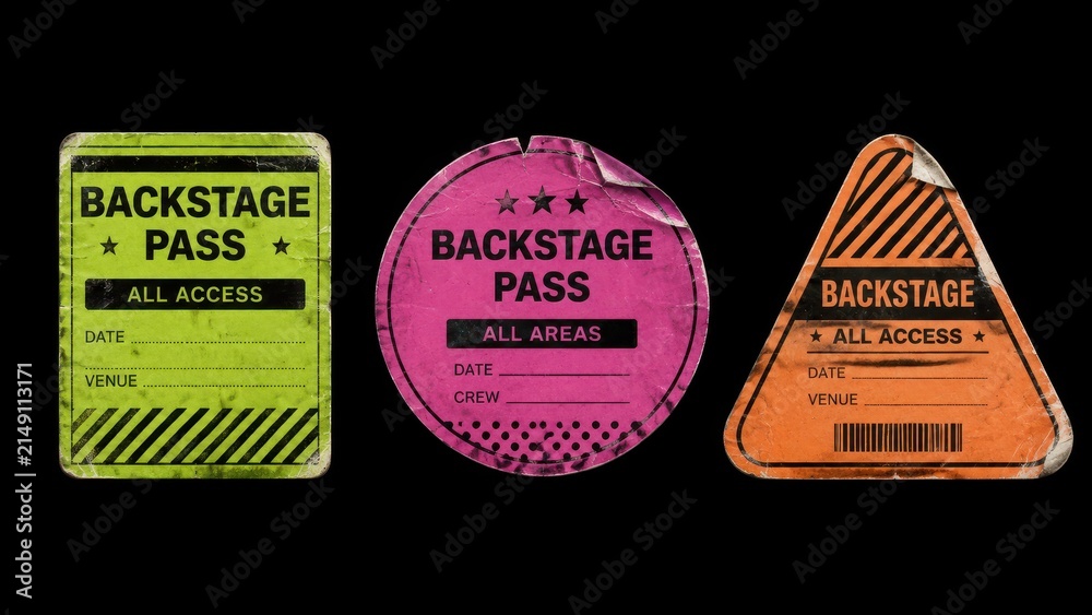 Naklejka premium Set of worn backstage pass stickers isolated on black