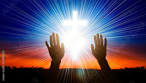Hands Reaching Toward Bright Cross in Sky.