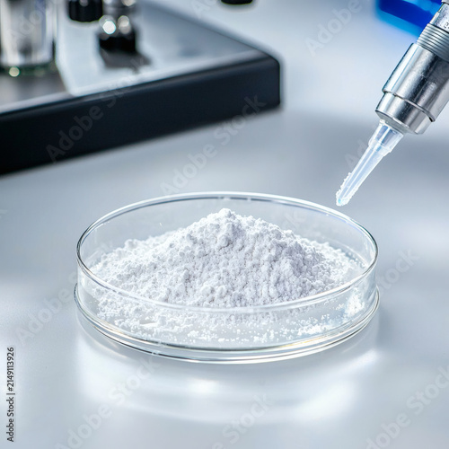 Close up of white powder in petri dish with laboratory equipment in background for scientific research and analysis