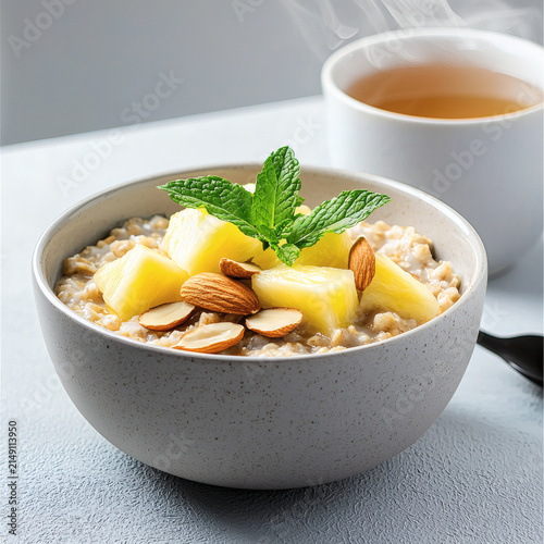 Nutritious breakfast bowl featuring oatmeal topped with pineapple almonds and fresh mint served alongside a cup of tea