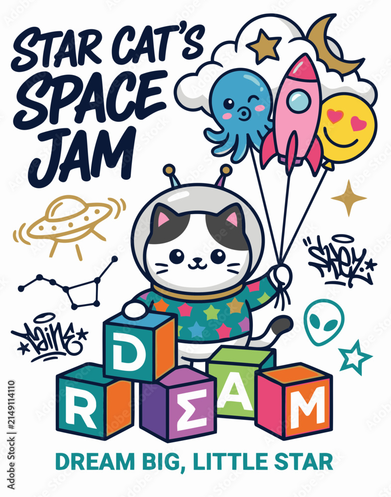 Fototapeta premium Cute Astronaut Kitten Holding Balloons And Dream Toy Blocks Vector Graphic
