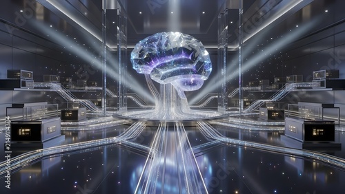 Futuristic Artificial Intelligence Brain with Glowing Neural Network Connections in Advanced High-Tech Data Center and Digital Technology Laboratory