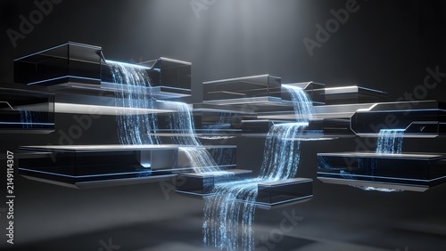 Futuristic Digital Data Flow Through Floating Geometric Platforms with Glowing Blue Streams in a High-Tech Abstract Environment