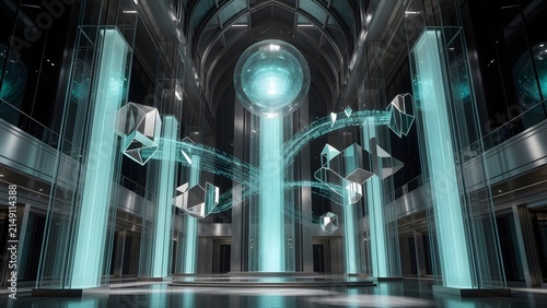 Futuristic glowing energy sphere powering a modern high-tech interior with floating cubes.