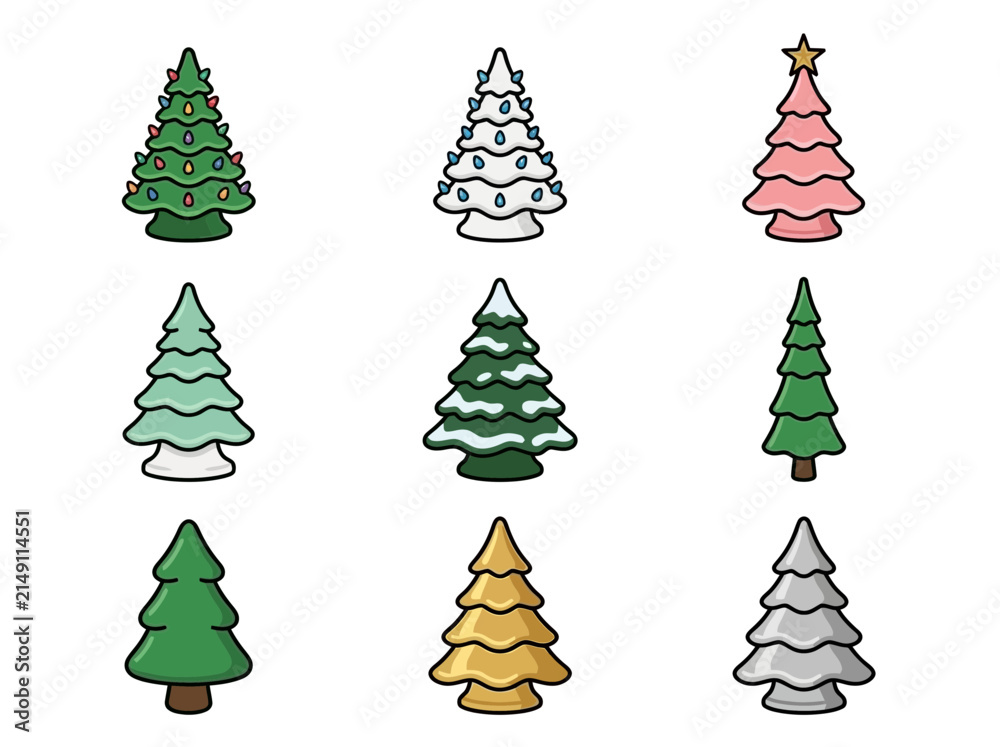 Obraz premium Colorful Illustrated Christmas Tree Collection With Varied Colors.