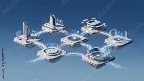 Futuristic Digital Technology Network with Floating Smart Devices Connected by Glowing Data Streams, Artificial Intelligence Concept, Technology Background