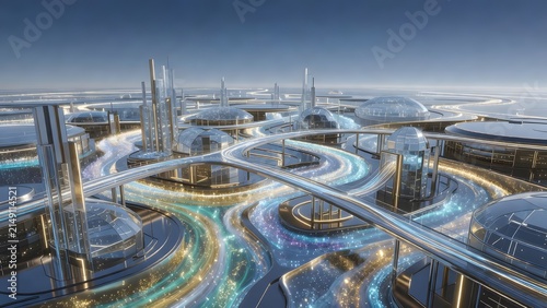 Futuristic Smart City with Elevated Curved Highways, Glowing Digital Energy Roads and Advanced Architectural Structures, Technology Background