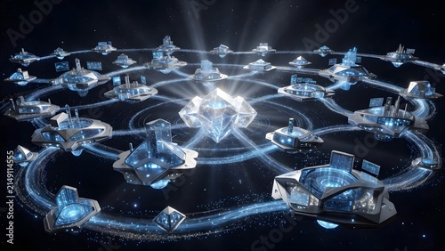 Futuristic Digital Network of Floating Technology Platforms Connected by Glowing Energy Pathways Around a Central Crystal, Sci-Fi Background