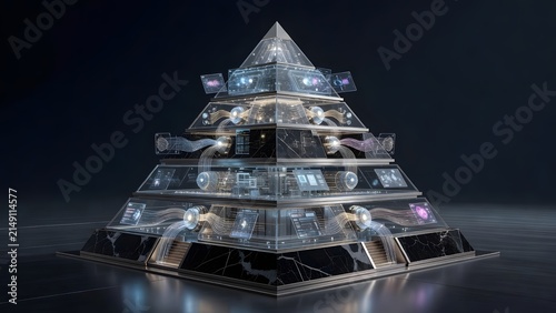 Futuristic AI Technology Pyramid with Digital Neural Networks, Holographic Interfaces and Advanced Computing Systems, Sci-Fi Background