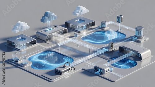 Futuristic smart city infrastructure with interconnected buildings and glowing blue water features.