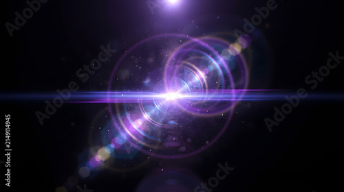 Abstract background featuring a bright purple lens flare effect with glowing light circles and particles isolated on a deep black space backdrop