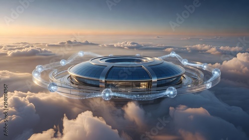 Futuristic circular building floats serenely above clouds at sunset, glowing energy rings surrounding it.