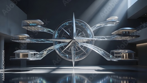 Futuristic architectural concept with rotating glass pods and central turbine in a modern building