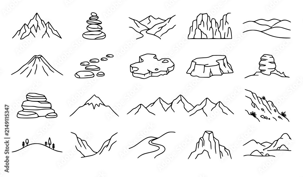 Fototapeta premium Minimal Nature Landscape Line Art Set with Mountains Hills and Rock Formations Vector Illustration
