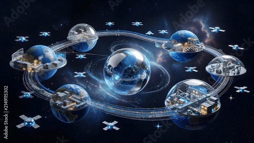 Futuristic interconnected global network of planets and spaceships, representing digital communication and future technology