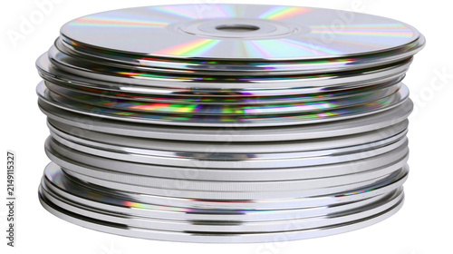 Stack of silver CDs and DVDs with rainbow reflections