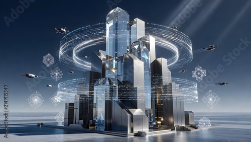 Futuristic city skyline with sleek skyscrapers and flying vehicles under a clear sky